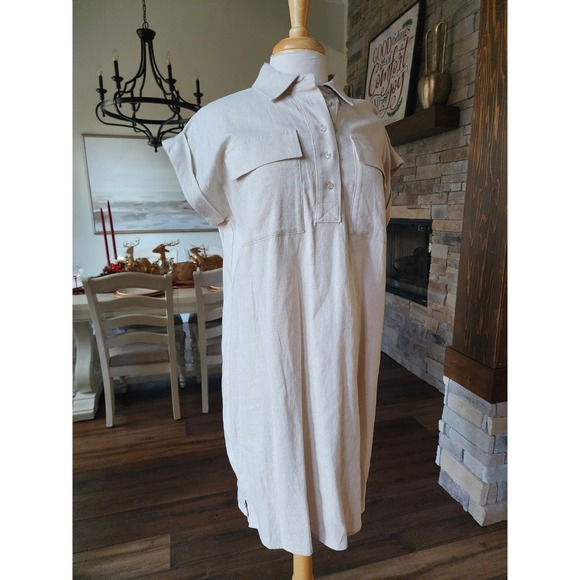 NWT Calvin Klein Linen Blend Shirt Dress Tan Size 8 Button Front Pocketed Casual - Picture 5 of 11